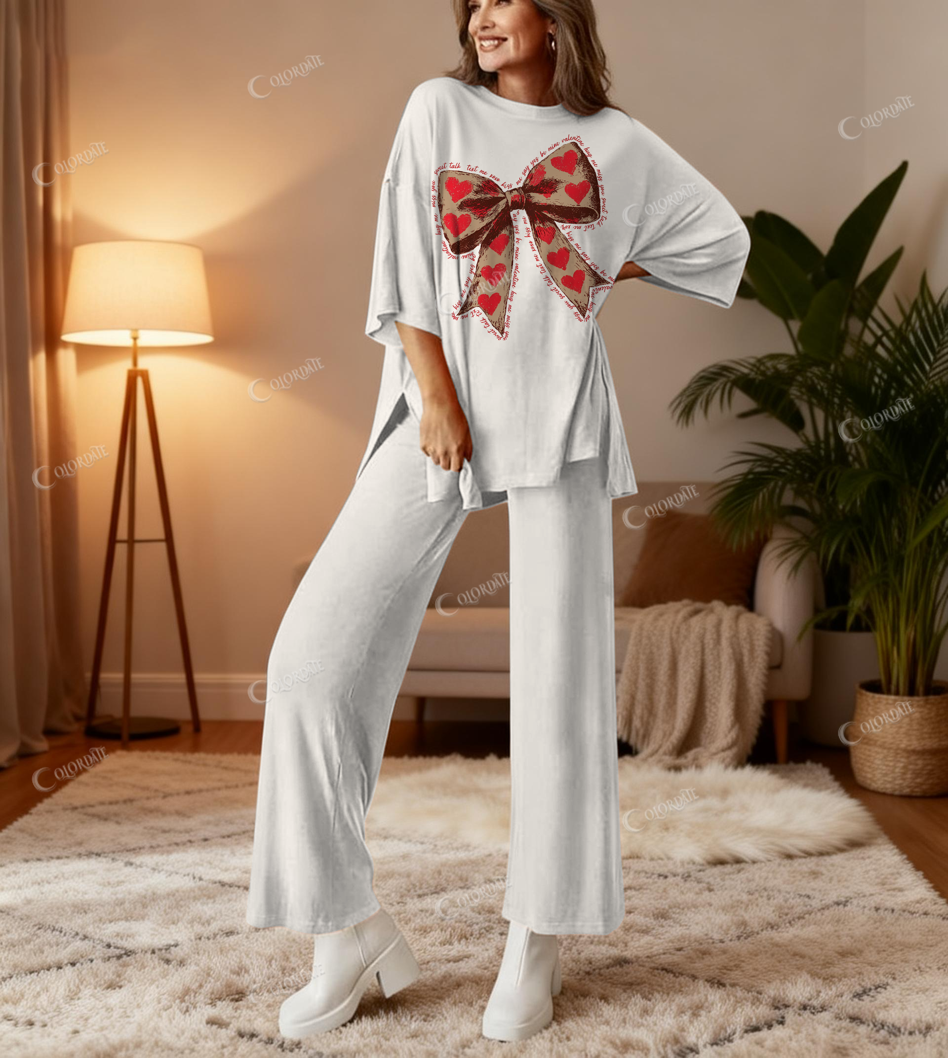 Love Heart Bow Tie Print Bamboo-Soft Lounge Set Pants
