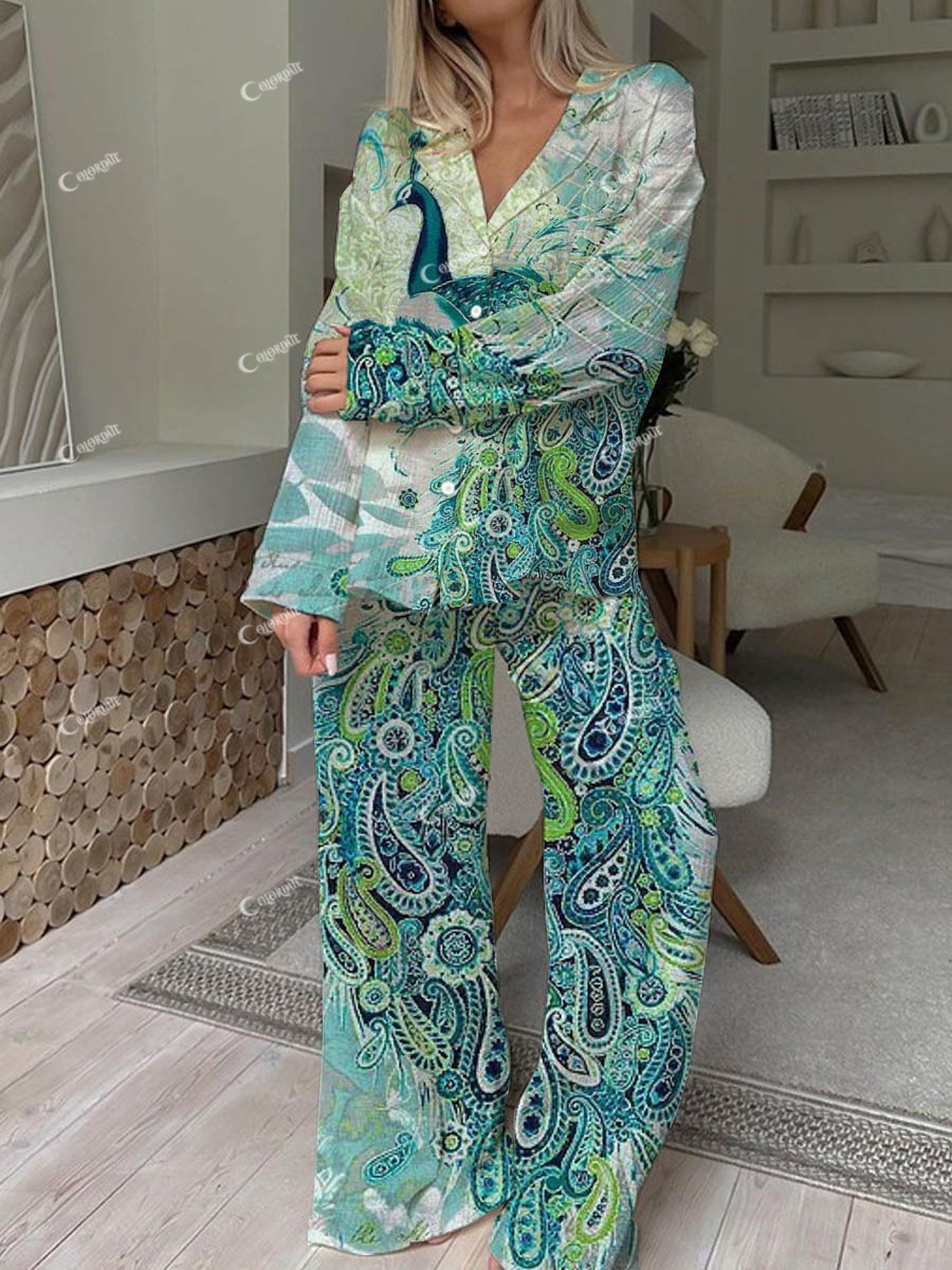 Women's Peacock Bohemian Pattern Long Sleeve Pants Set