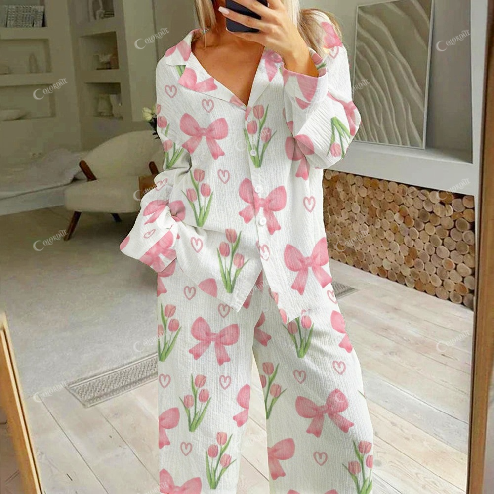 Women's Pink Bow Tulip Love Print Cotton Cardigan Homewear Set