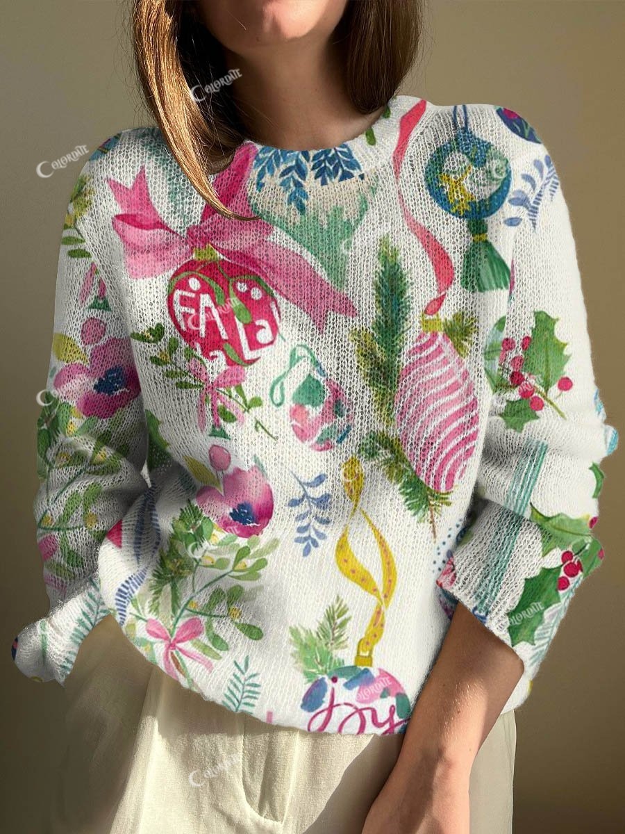 Women's Christmas Lights Ribbon Print Crew Neck Sweater