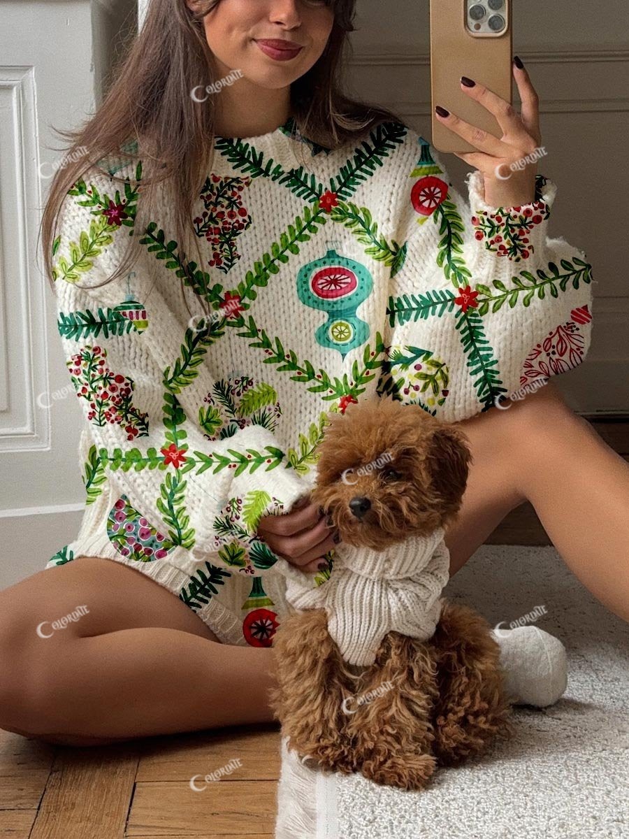 Women's Christmas Tree Lights Check Print Knit Sweater