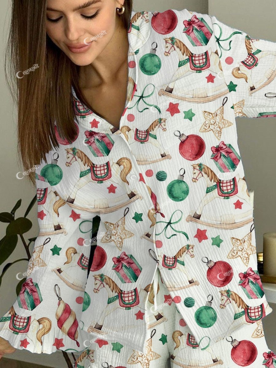 Women's Christmas Art Painting Printed Home Long Sleeve Suit