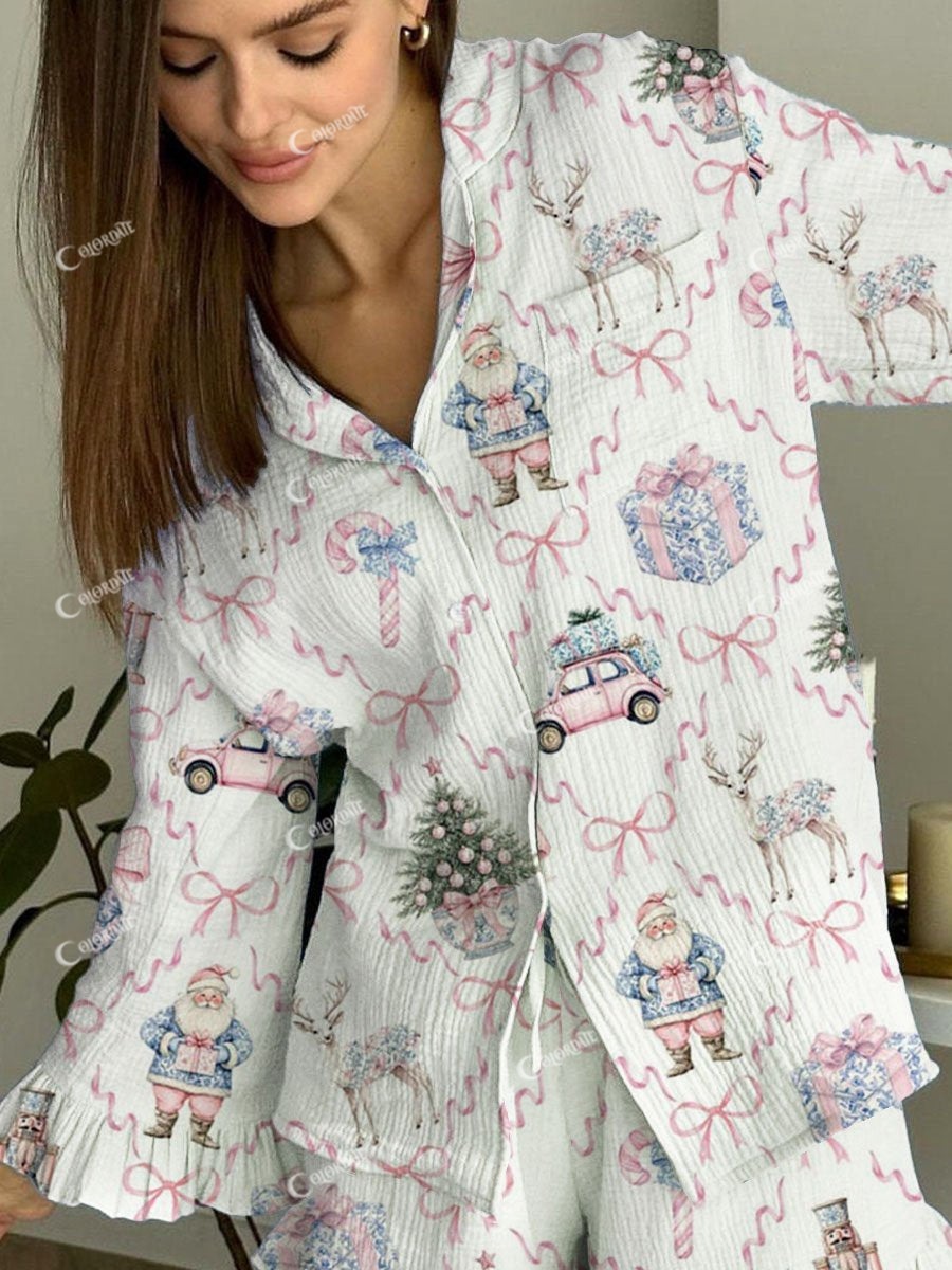 Women's Christmas Pink Bow Ribbon Fun Christmas Pattern Ruffle Long Sleeve Pants Set