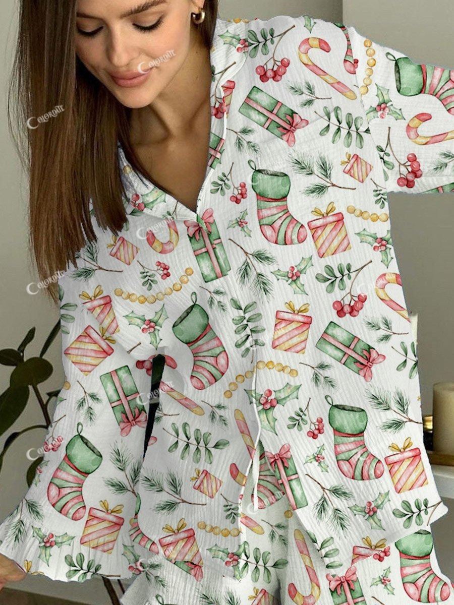 Women's Christmas Art Painting Printed Home Long Sleeve Suit