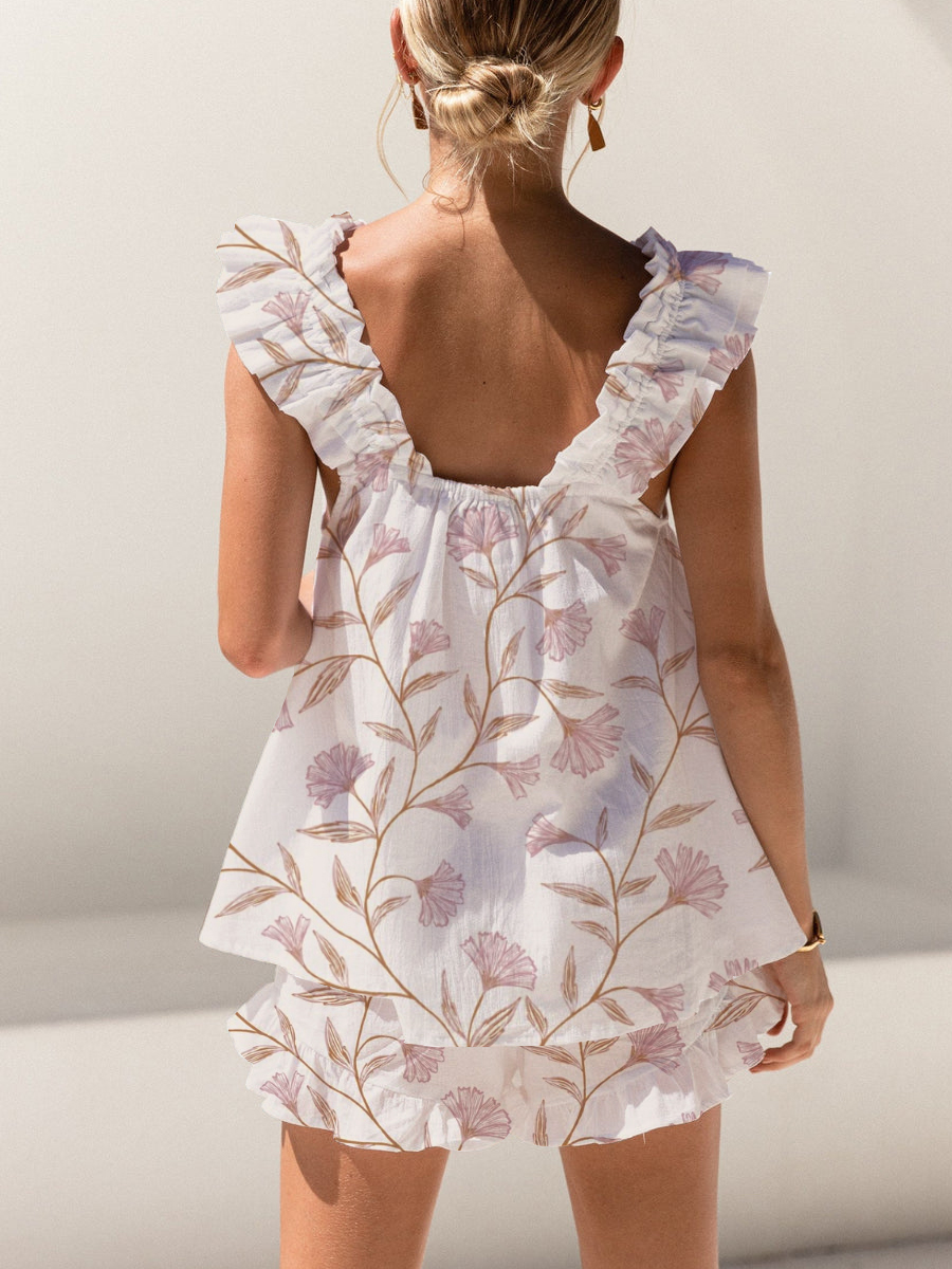 Fresh Purple Flowers Print Ruffled Trim Short Tank Top Shorts Pajama Set