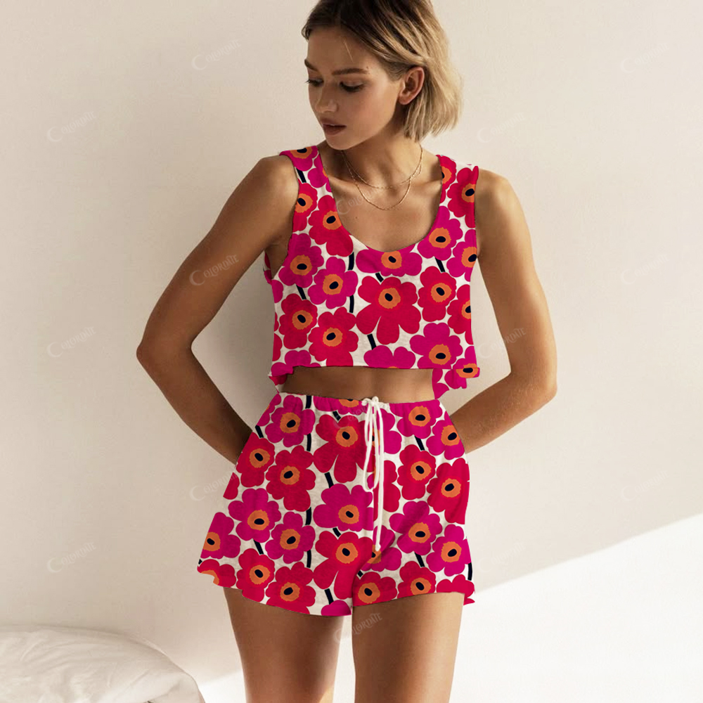 Rose Flowers Print Loose Transparent Vest Set