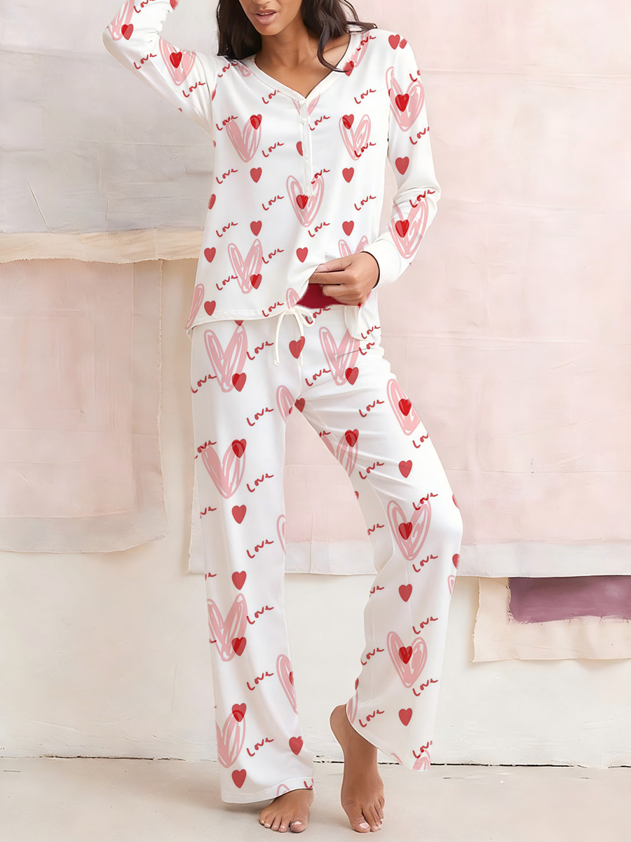 Doodle Heart & Script Print Long Sleeve Cotton Homewear Set