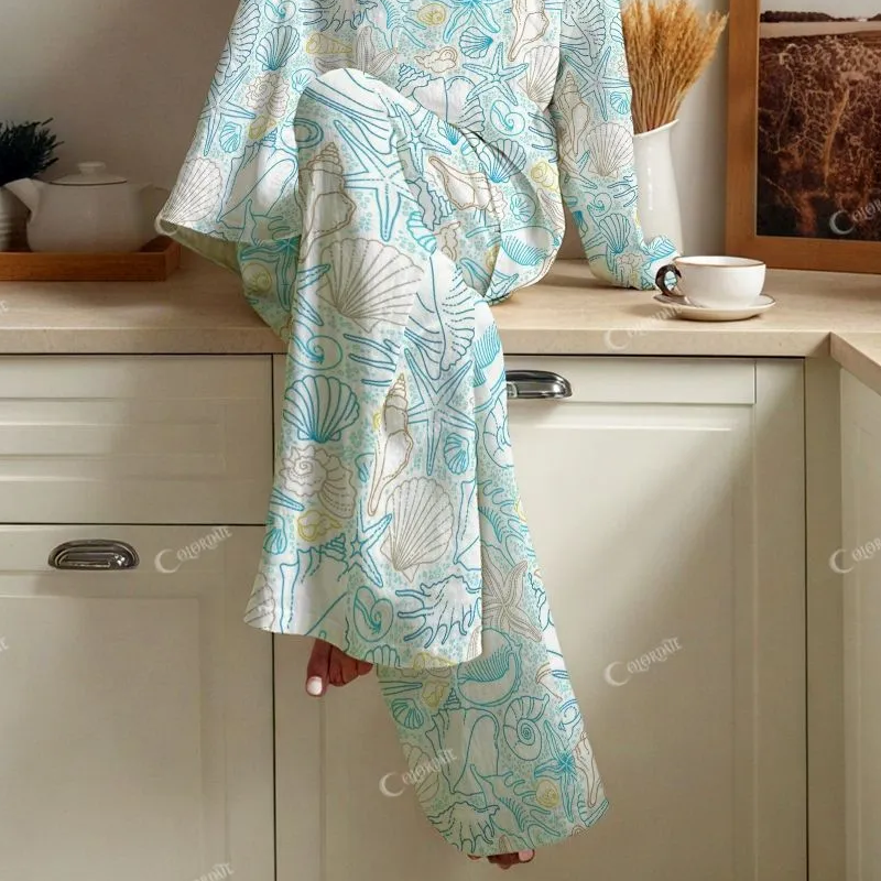 Colordate Women's Blue Shell  Print Cotton Cardigan Homewear Set