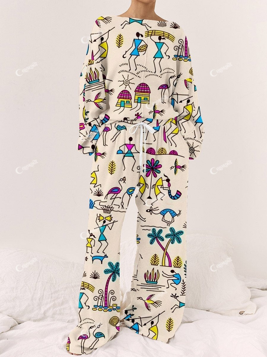 Women's Beige Tribal Totem Print Long Sleeve Homewear Suit