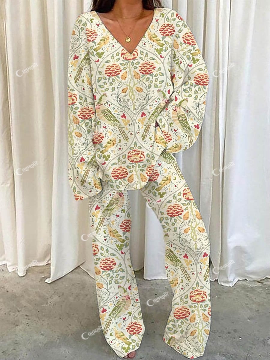 Women's Floral Art Bohemian Print V-Neck Suit
