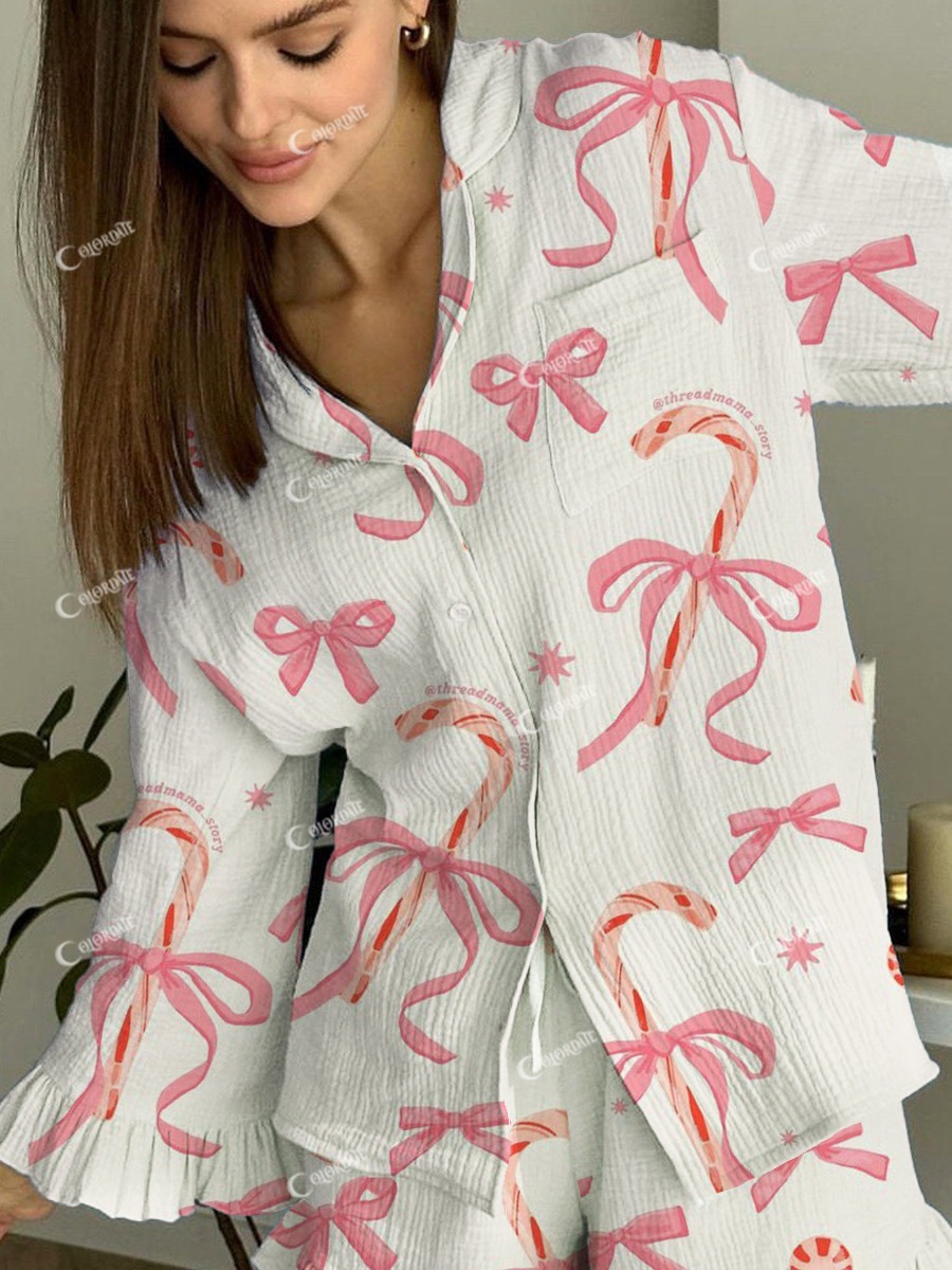Women's Christmas Cute Candy Cane Pattern Ruffled Long Sleeve Pants Set