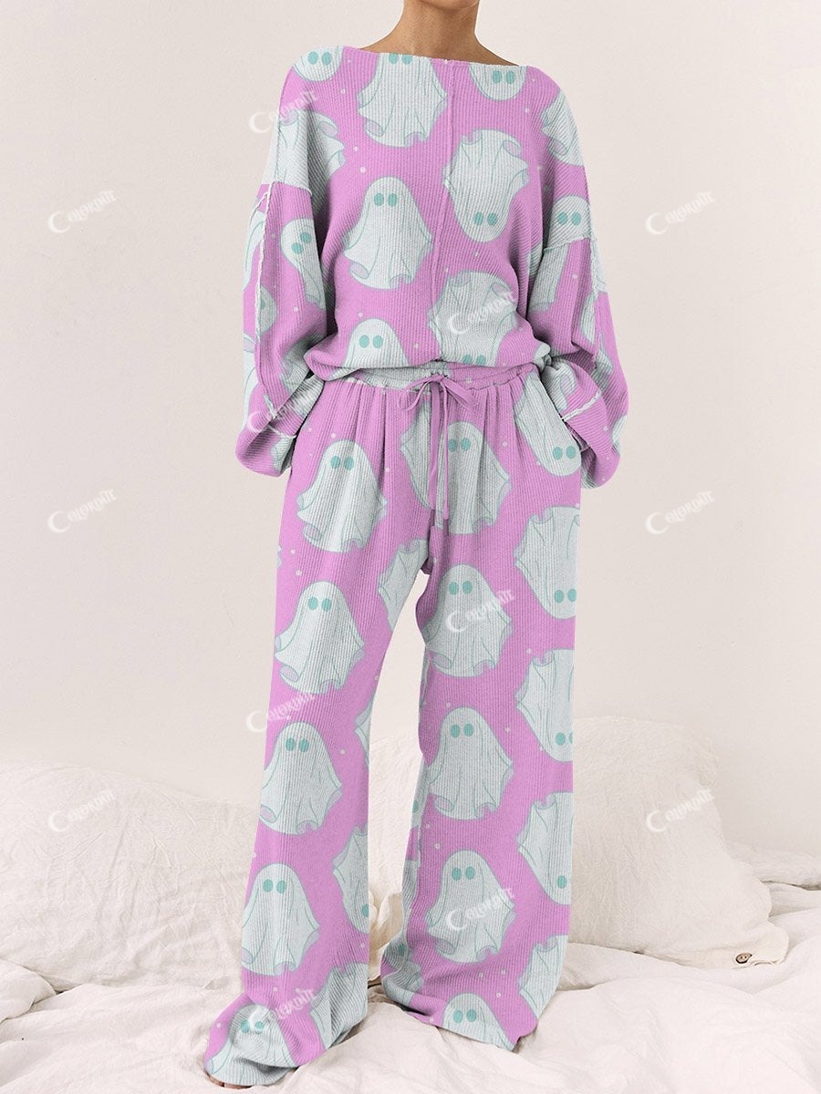 Women's Pink Ghost Print Casual Linen Cotton Set