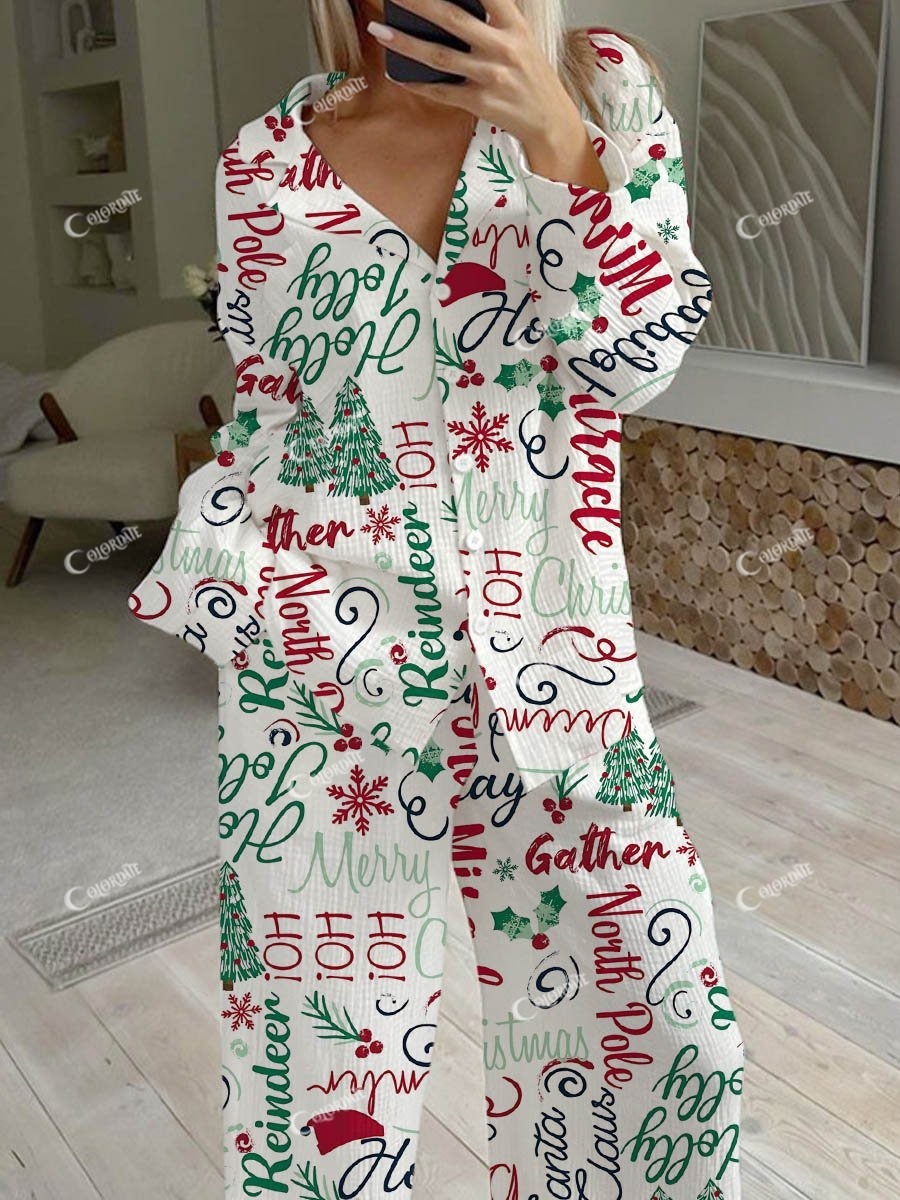 Women's Christmas Phrase Printed Loose Lounge Suit