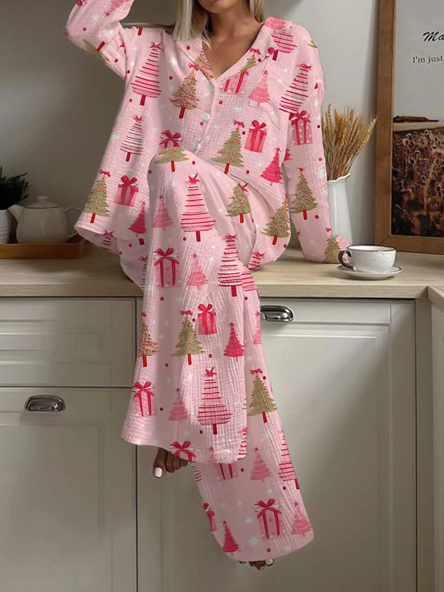 Women's Pink Christmas Tree Gift Print Homewear Set