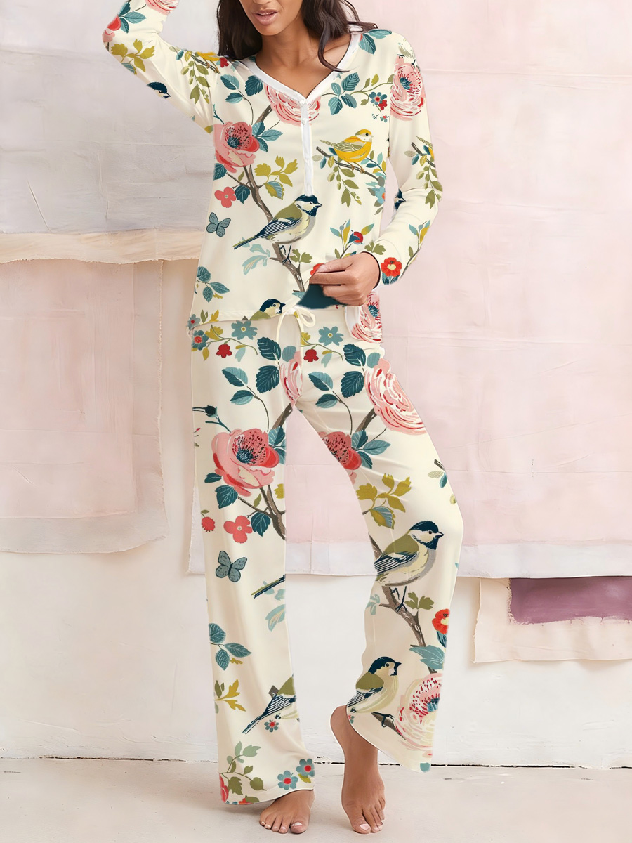 Botanical Bird Print Long Sleeve Cotton Homewear Set