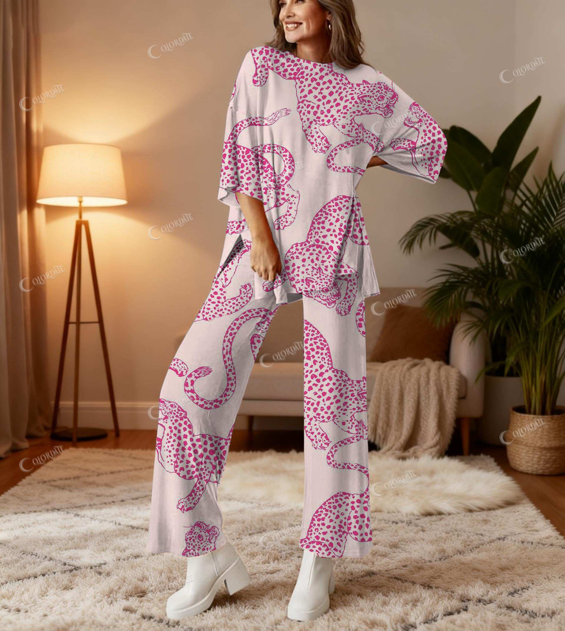 Pink Leopard Print Bamboo-Soft Lounge Set Pants