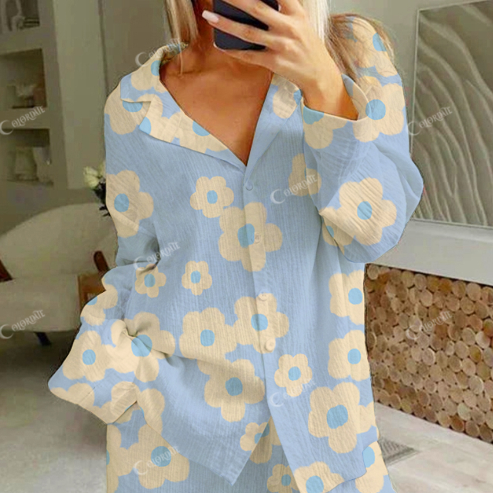 Colordate Women's Yellow Fresh Flowers Print Cotton Cardigan Homewear Set