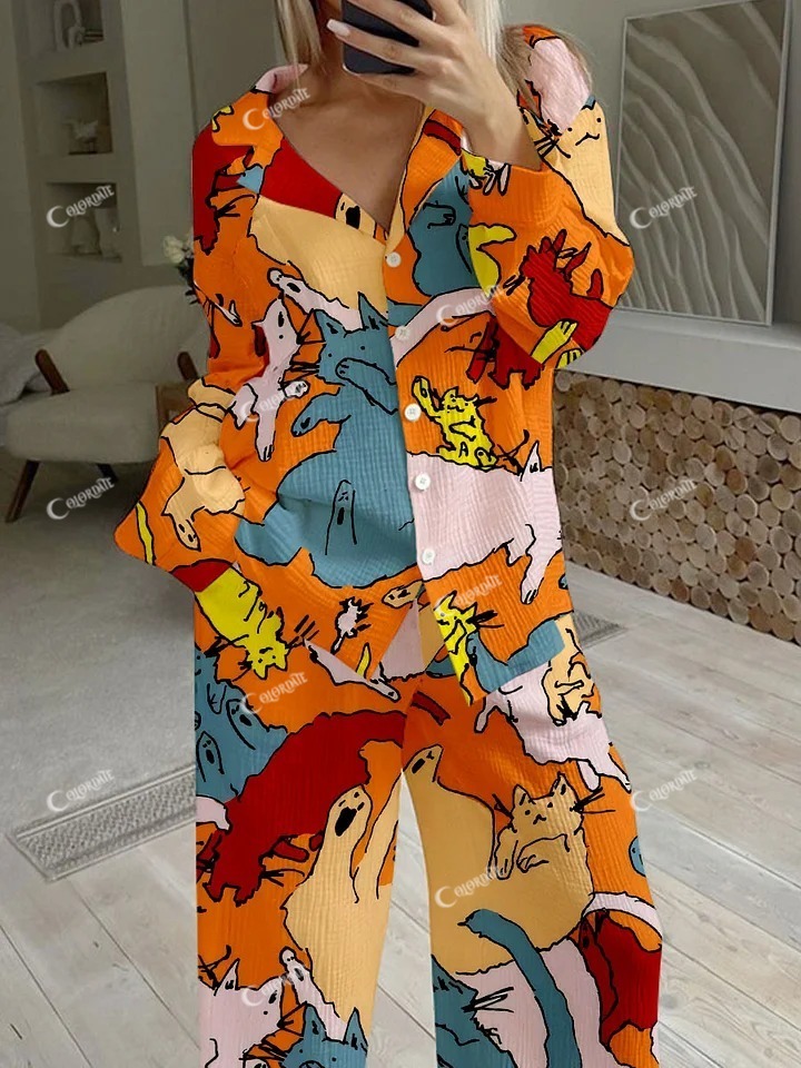 Women's Contrast Cat Graffiti Print Cotton Cardigan Homewear Set