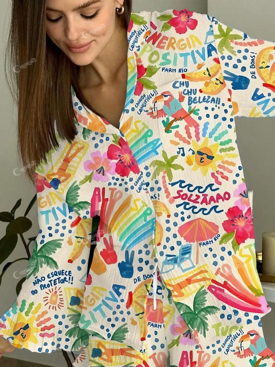 Women's Comfortable Vacation Sun Starling Printed Ruffle Homewear Set