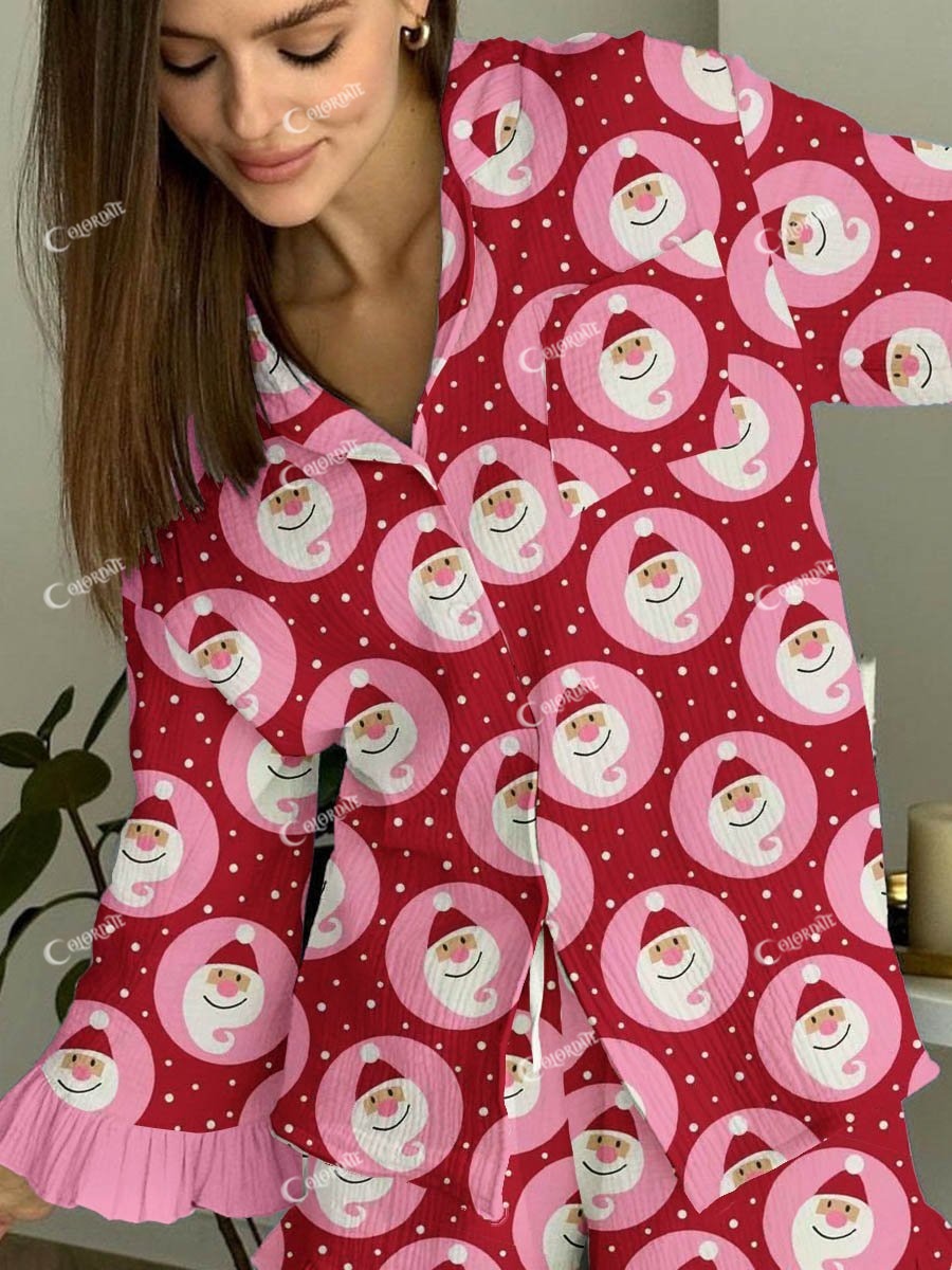 Women's Christmas Santa Polka Dot Long Sleeve V-Neck Suit
