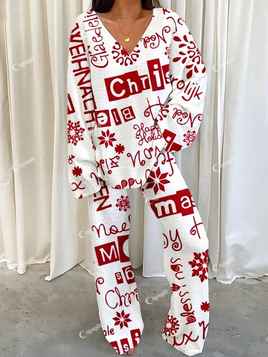 Women’s Simple Red Christmas Text Printed Polar Fleece Suit