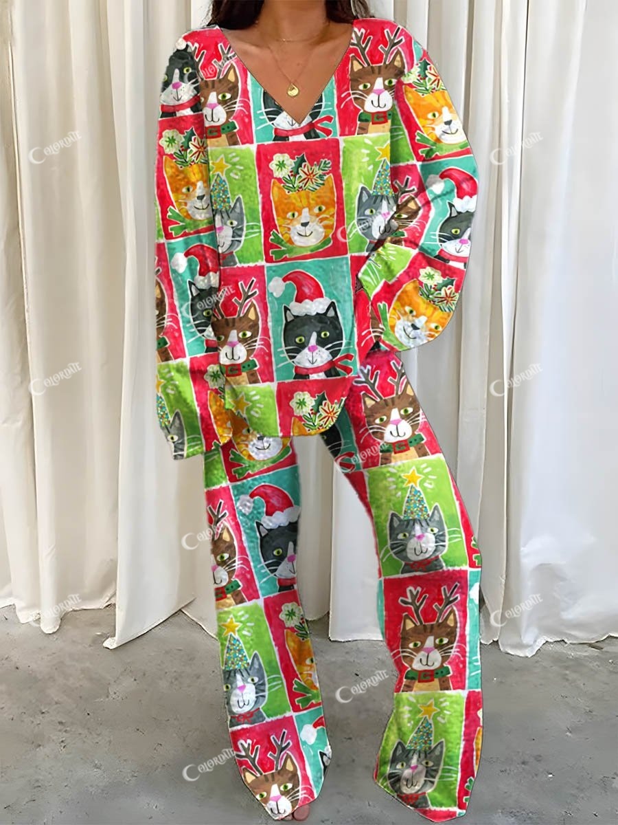 Women's Christmas Cat Plaid Print Fleece Suit