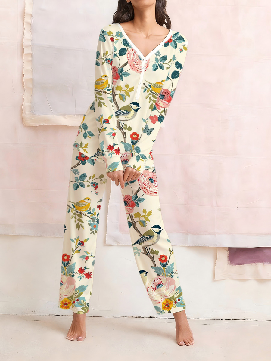 Botanical Bird Print Long Sleeve Cotton Homewear Set