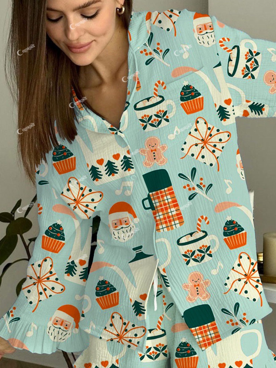 Women's Blue Christmas Art Painting Fun Print Home Long Sleeve Suit