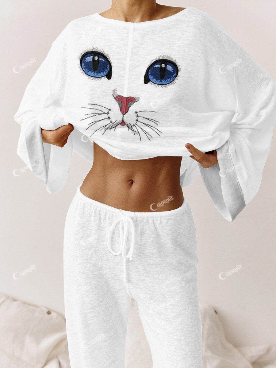 Women's Hand-painted Cat Face Pattern Knitted Round Neck Long Sleeve Suit