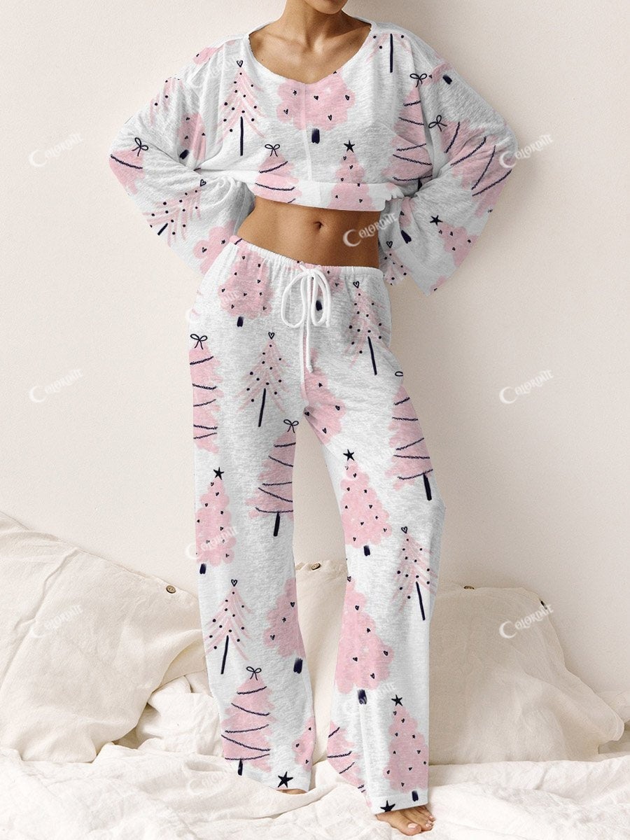 Women's Pink Christmas Tree Print Linen Cotton Suit