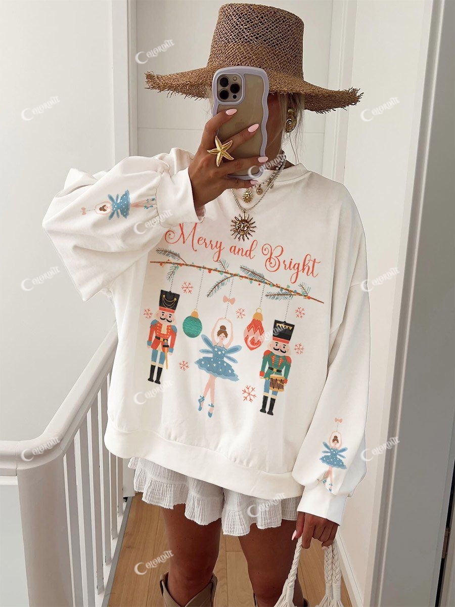 Women's White Christmas Nutcracker Print Crew Neck Sweatshirt