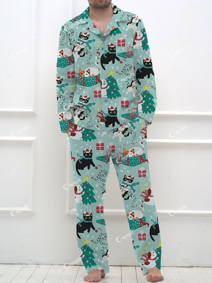 Men's Christmas Cat Print V-Neck Long Sleeve Suit