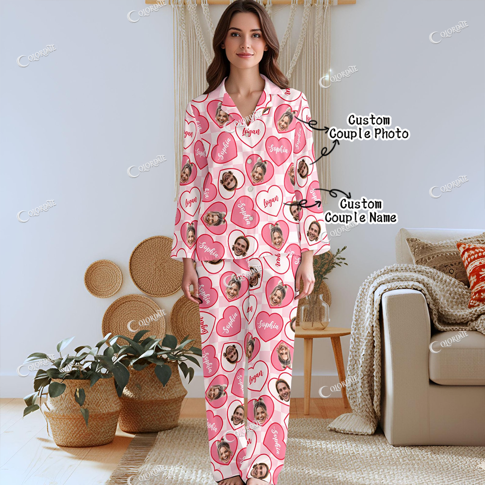 Custom Couple Photo Women's Heart Print Long Pajama Set 