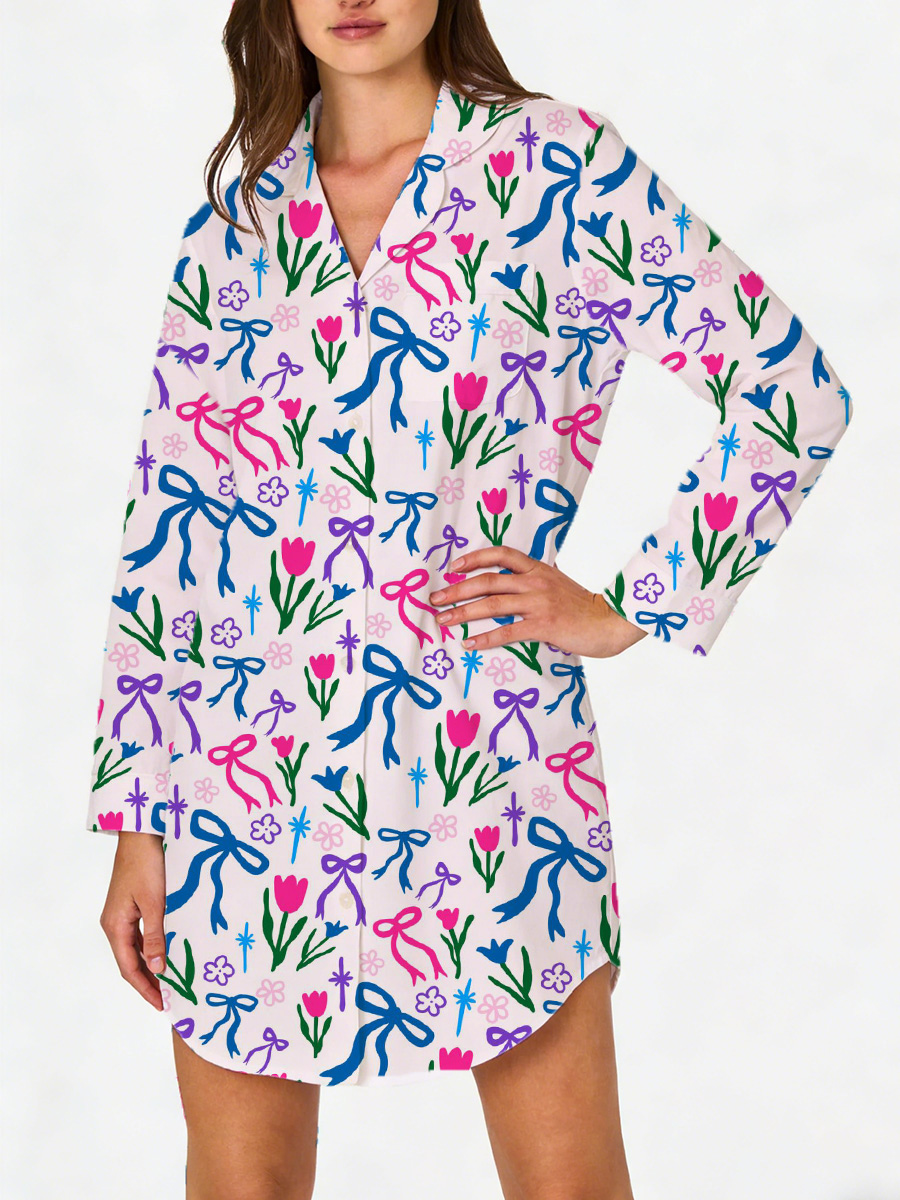 Blue and Pink Floral Print Sleep Shirtdress