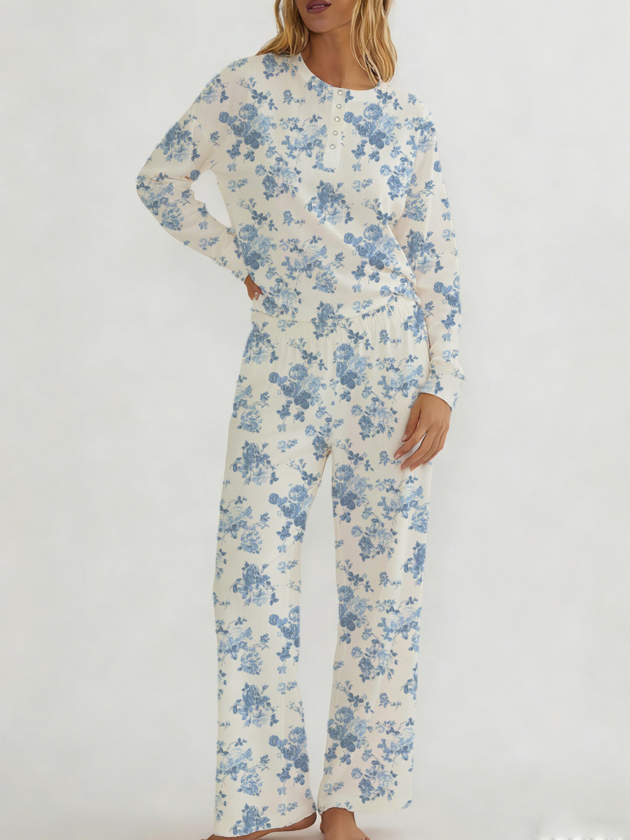 Blue Floral Tropical Print Long Sleeve Suit