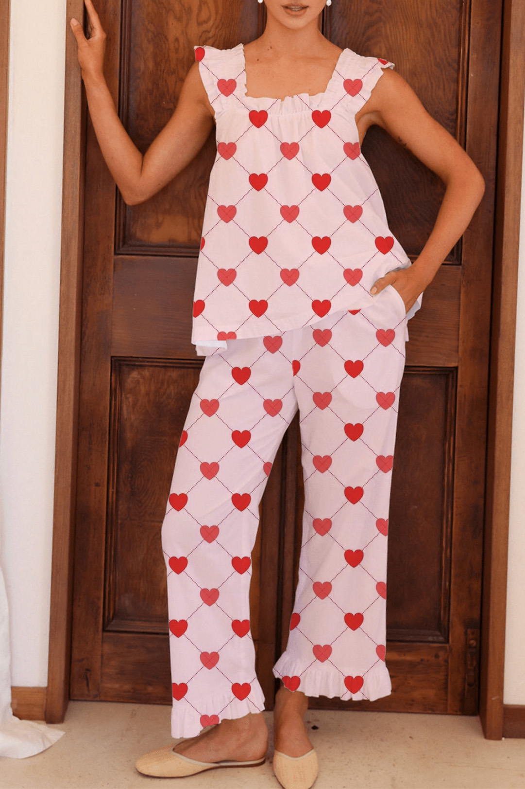 Red Rose & Floral Print  Tank Top Pajama Set