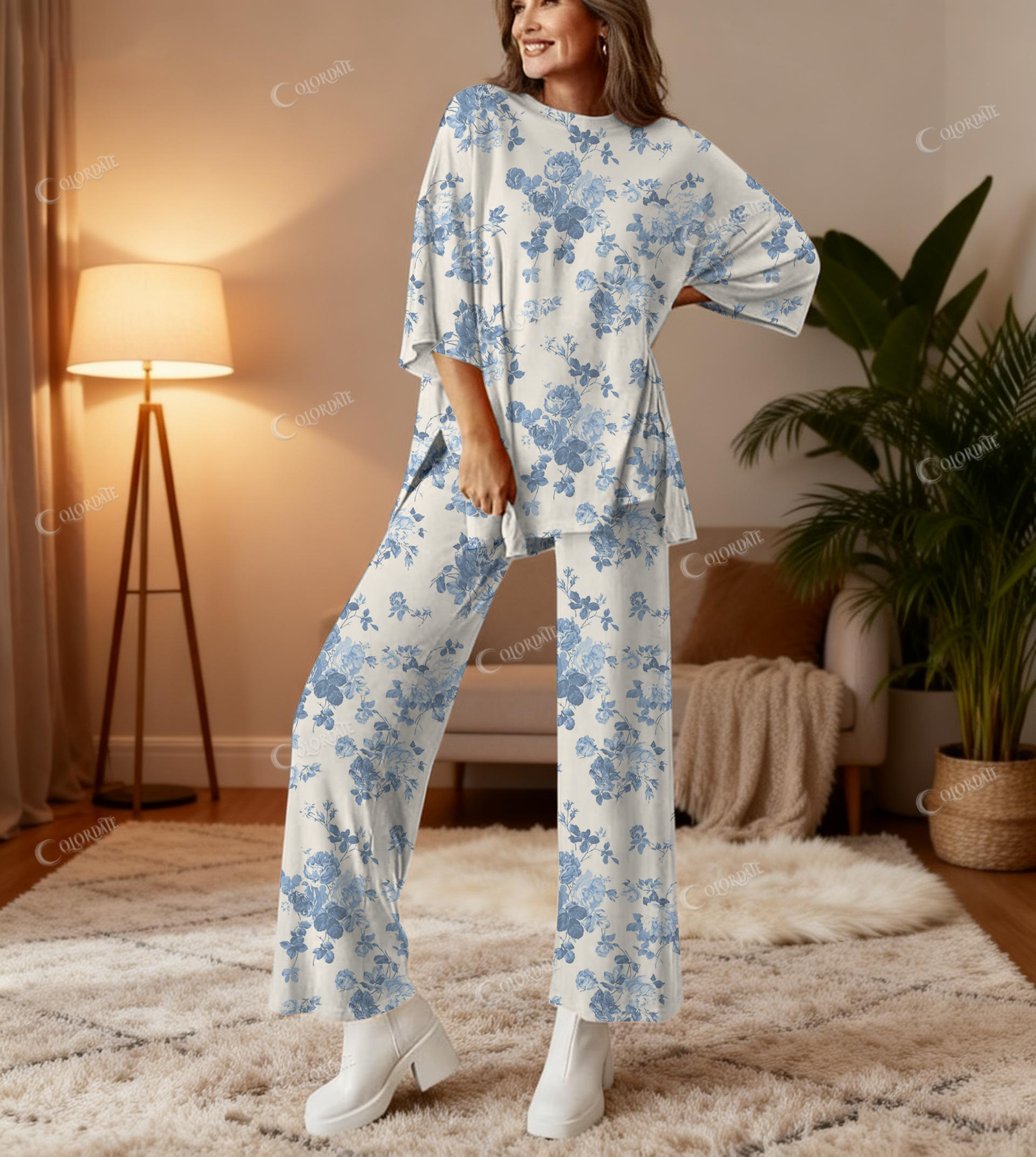 Blue Flower Print Bamboo-Soft Lounge Set Pants