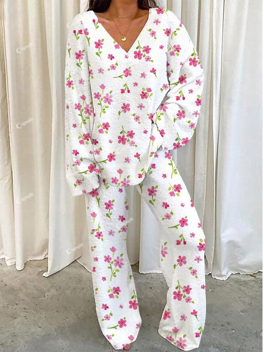 Women's Pink Pastoral Flower Loungewear Set