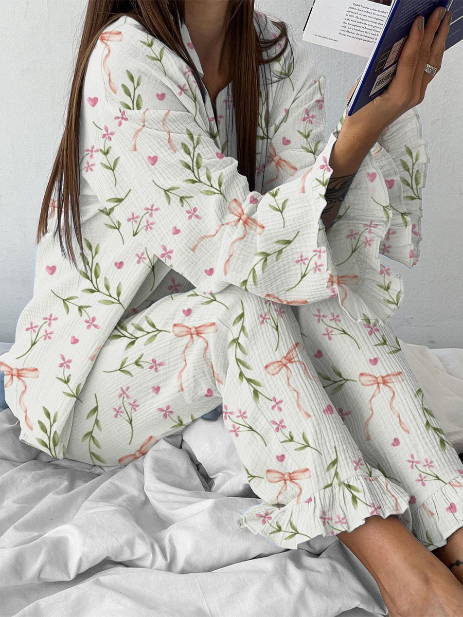 Women's Bow Ribbon Plant Pattern Ruffled Long Sleeve Pants Set