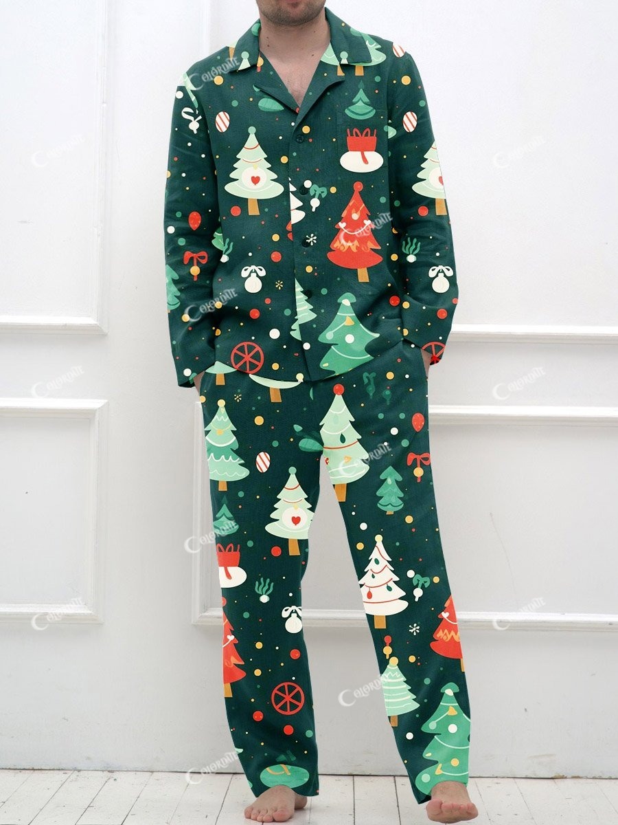 Men's Colorful Fun Christmas Tree Pattern Long Sleeve Pants Suit