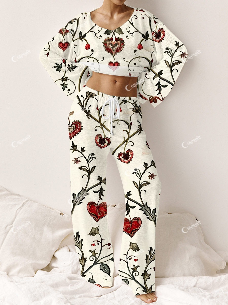 Women's Heart Floral Print Long Sleeve Homewear Set