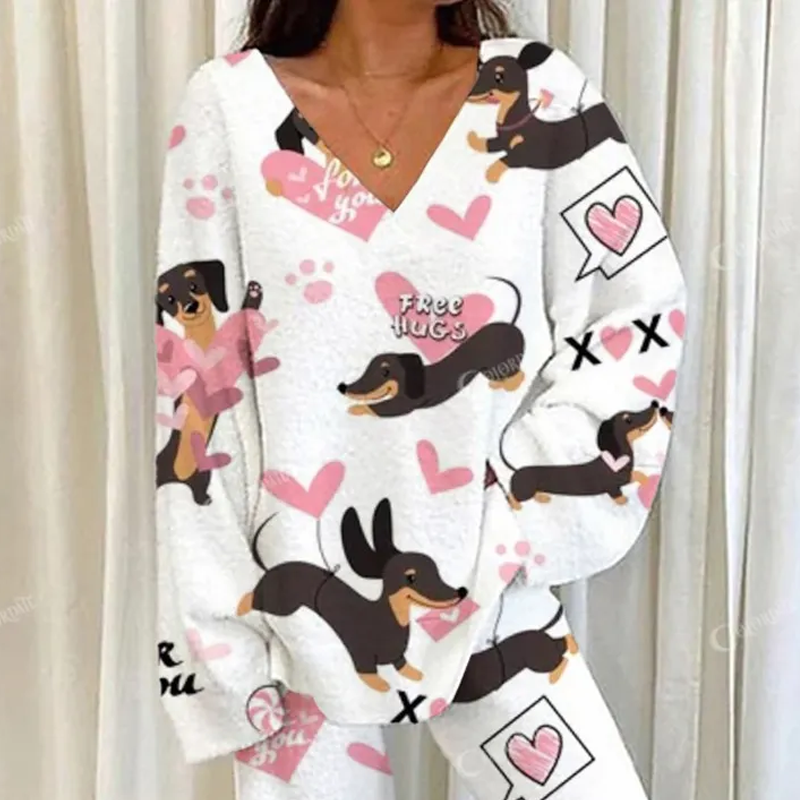 Women's Cartoon Dachshund Heart Printed Casual Homewear Set