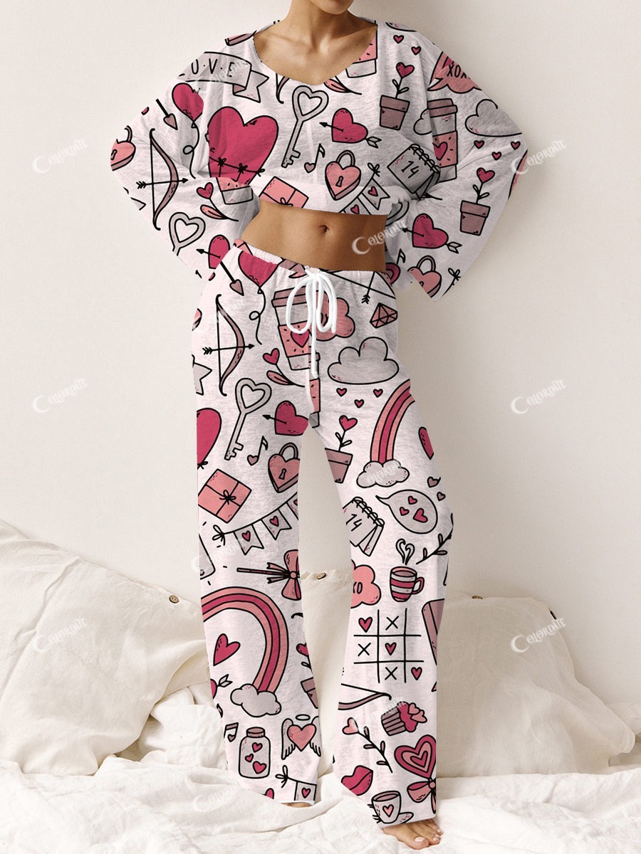 Women's Valentine's Day Rainbow Heart Pattern Long Sleeve Pants Set