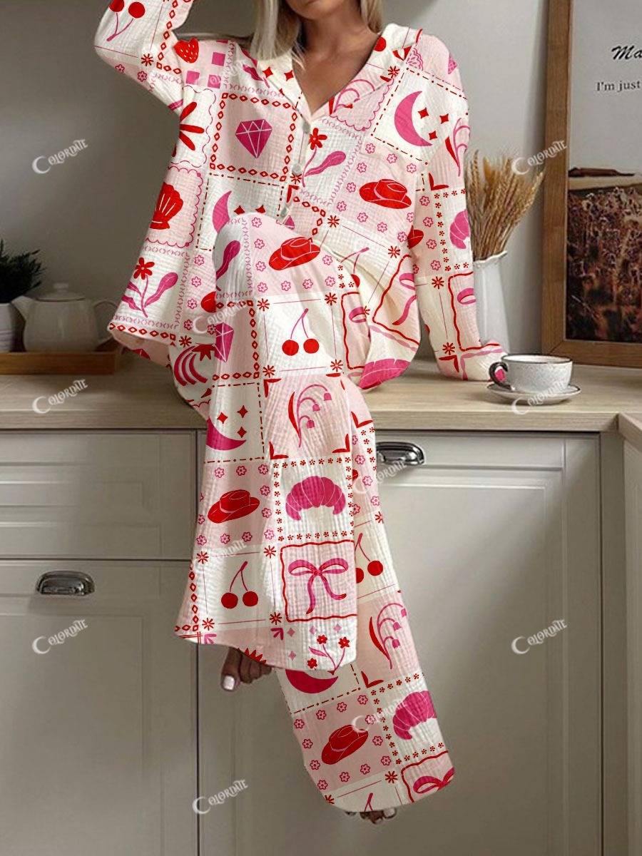 Women's Pink Valentine's Day Check Print Cardigan Homewear Set
