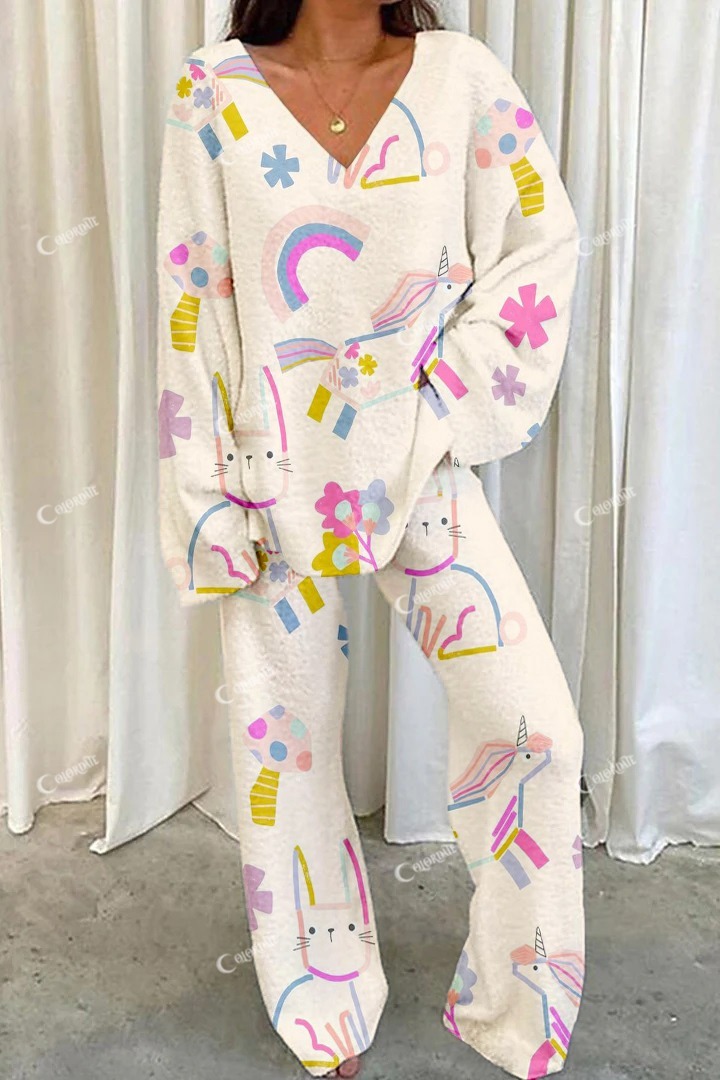 Women's Cartoon Colorful Cat Unicorn Print V Neck Home Long Sleeve Suit