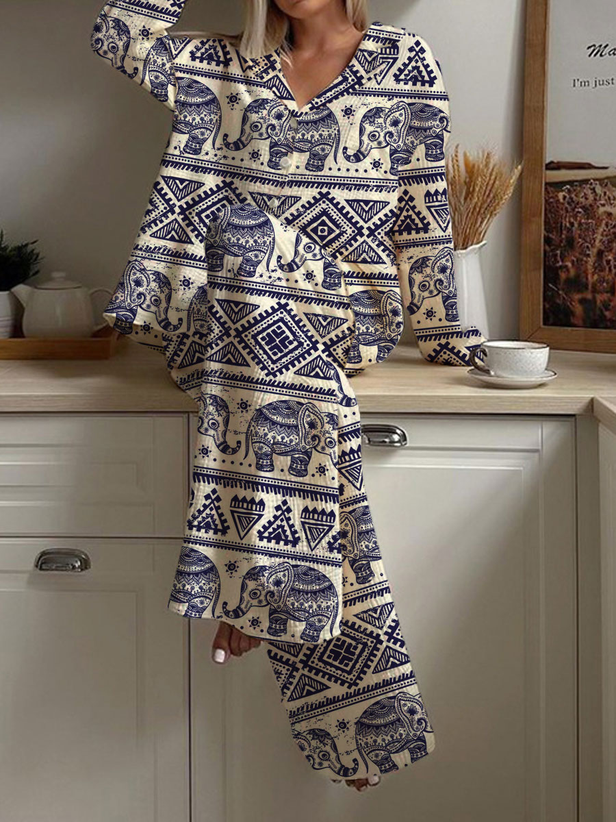 Women's Bohemian Ethnic Art Painting Printed Home Long Sleeve Suit