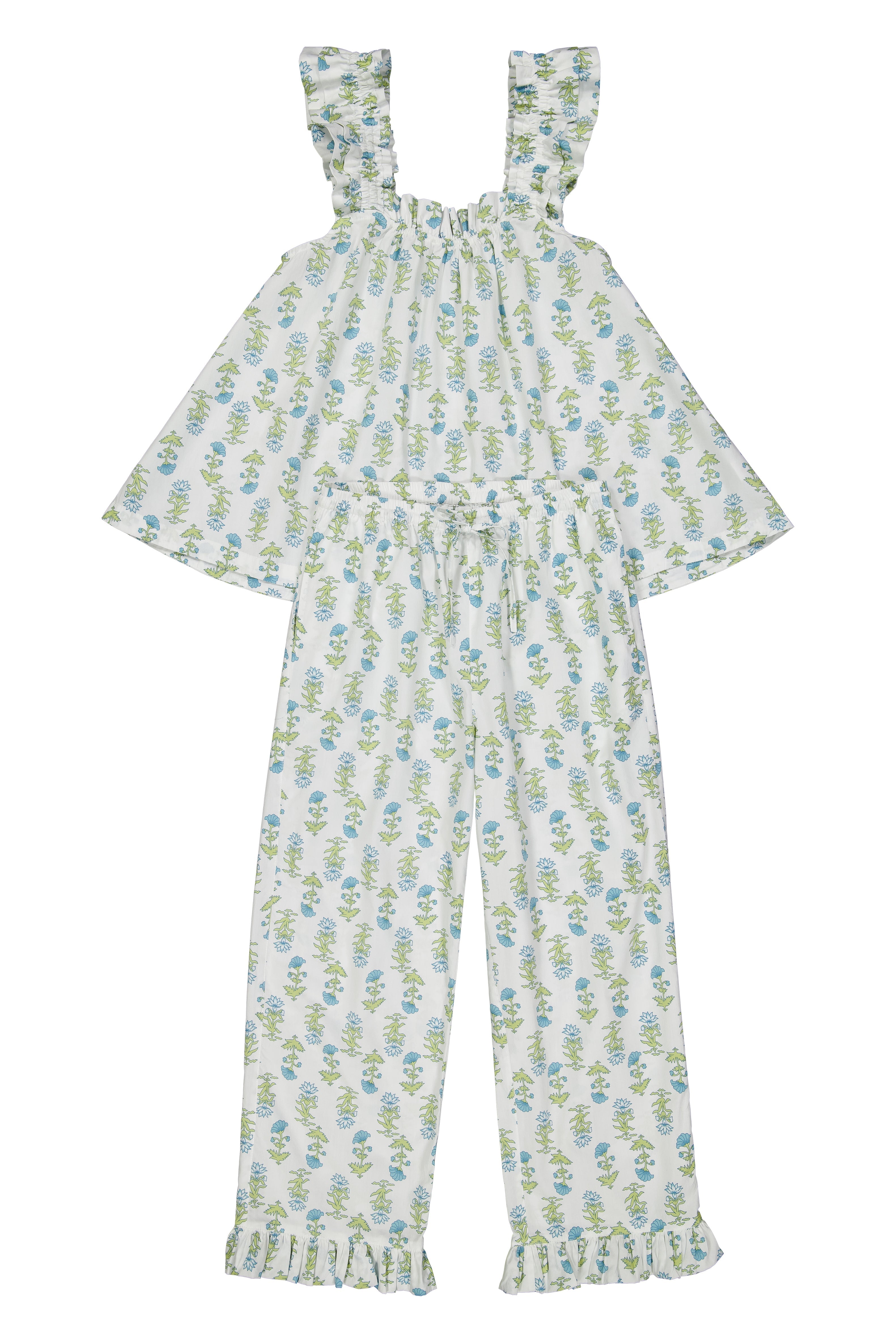 Colordate Lotus Flower Blue  Short Tank Top Pants Pajama Set