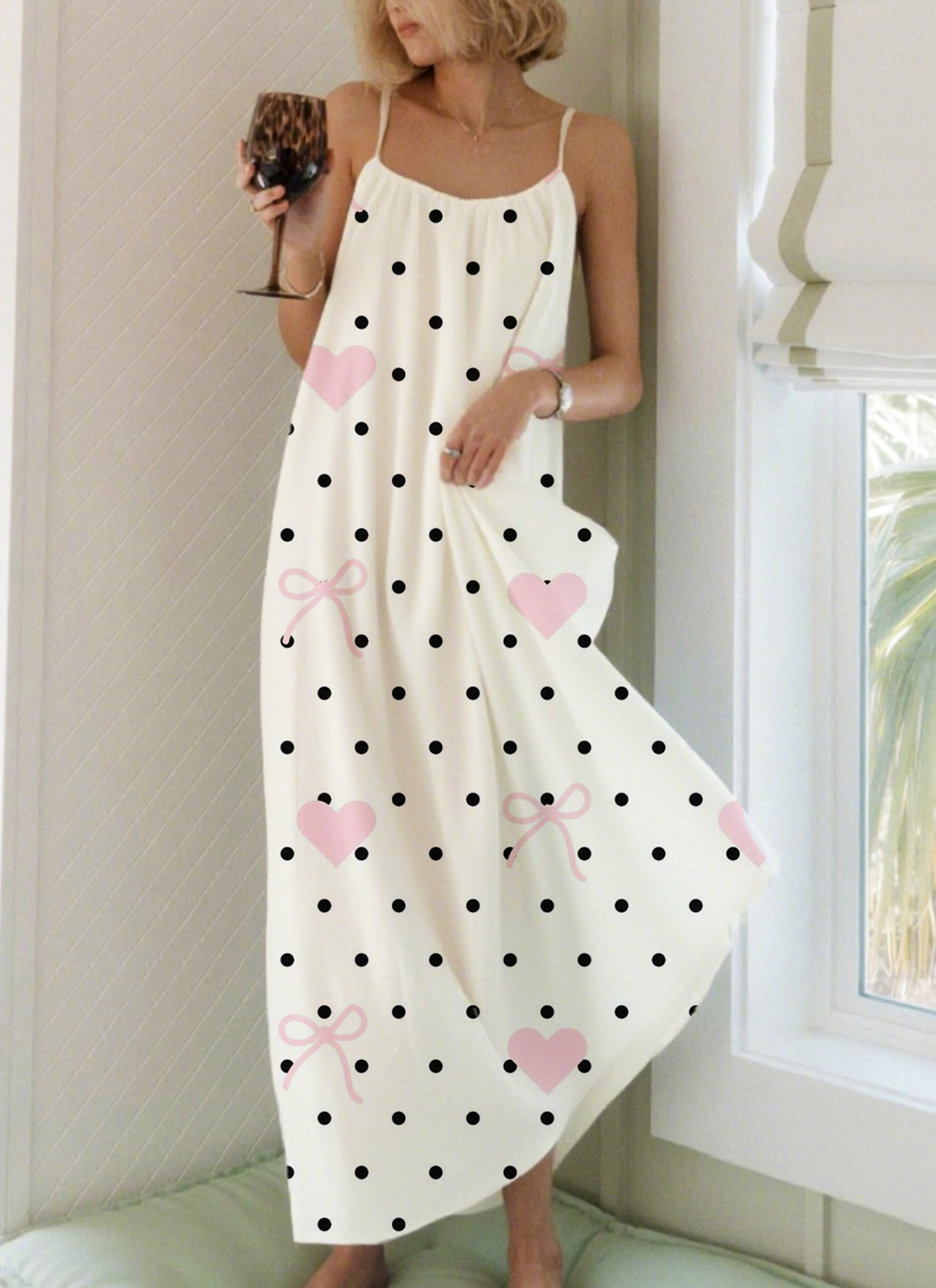Polka Dot Heart Bow Printed Long Neckline Pleated Nightgown