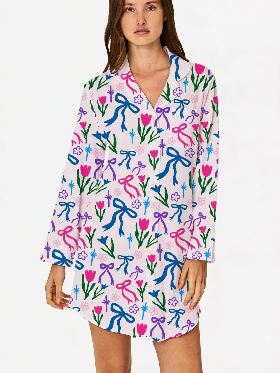 Blue and Pink Floral Print Sleep Shirtdress