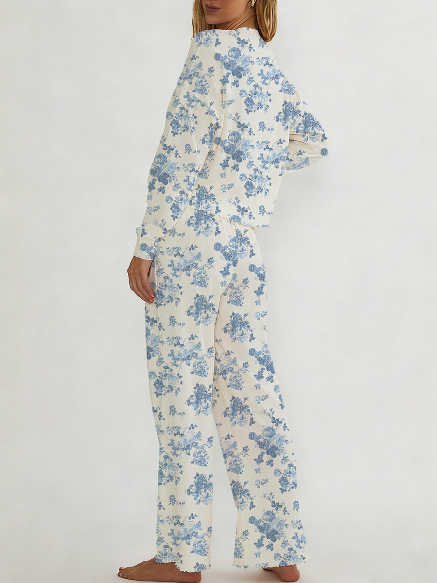 Blue Floral Tropical Print Long Sleeve Suit